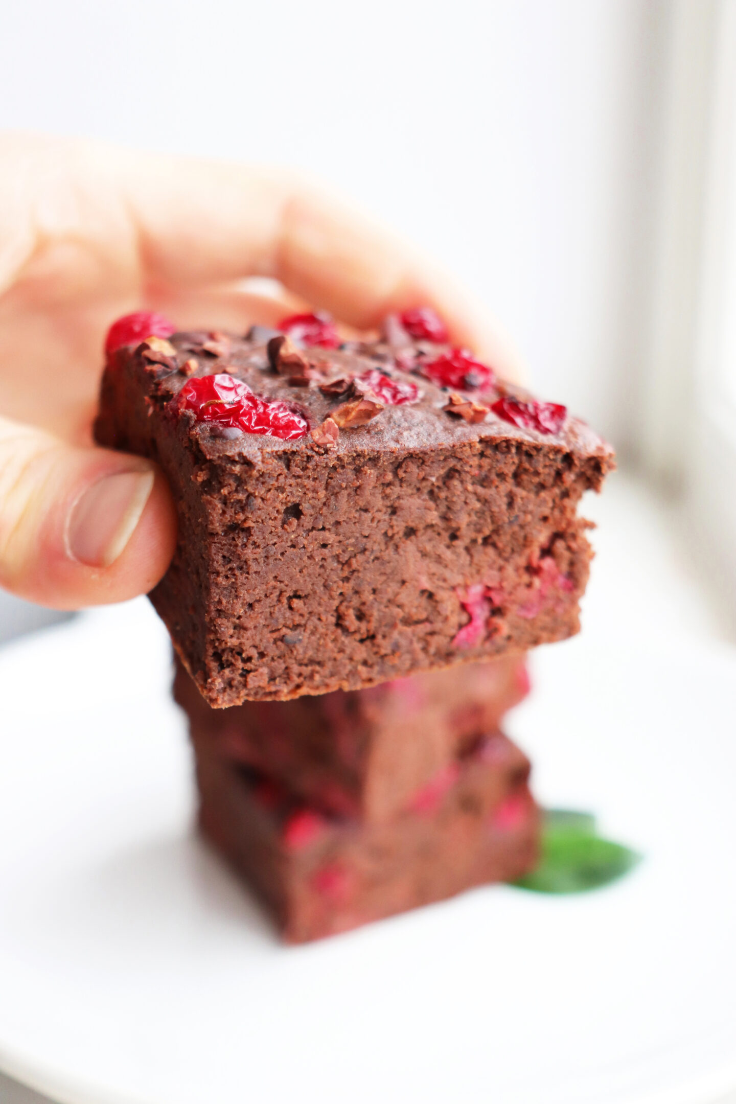 Mocca black bean brownies with red currants