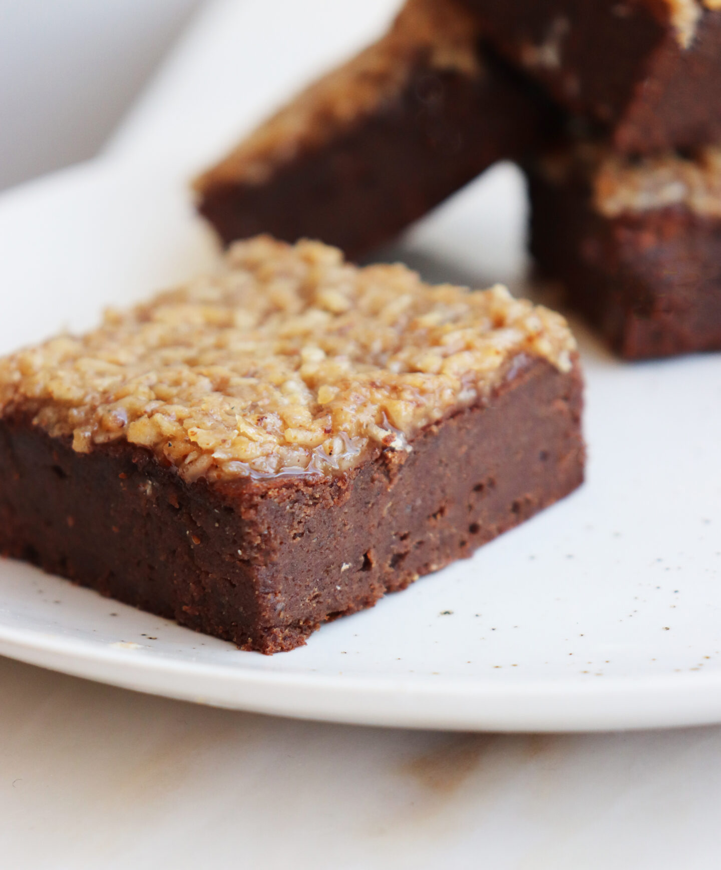 Chocolate brownie cake squares with coconut caramel topping A.K.A. Choklad toscakaka