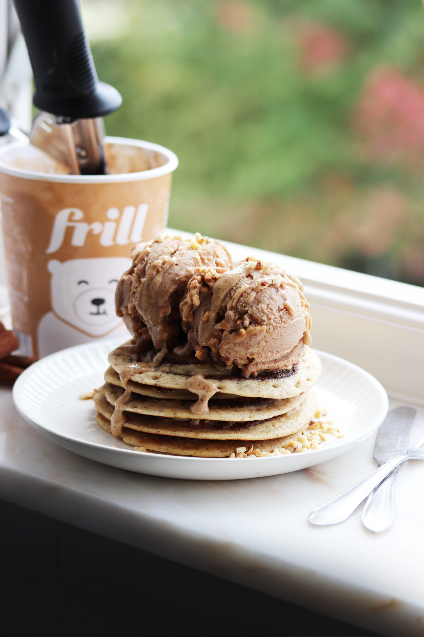 Cinnamon Swirl Pancakes with Caramel Ice Cream