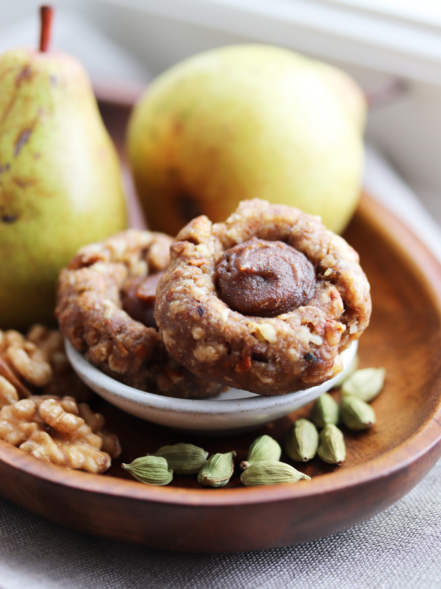 No bake Cardamom Caramel Pear Walnut Thumbprint Cookies