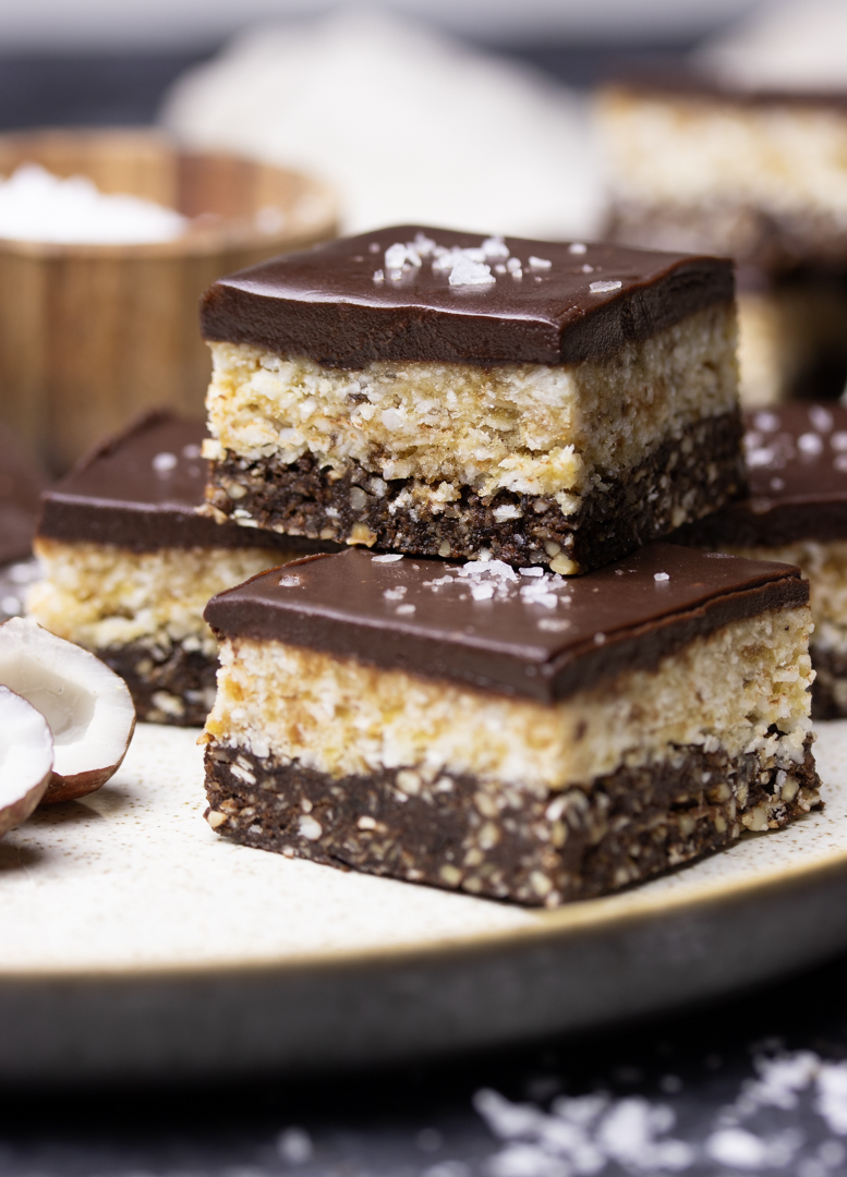 No Bake Triple Layer Bounty Brownies with Chocolate Ganache