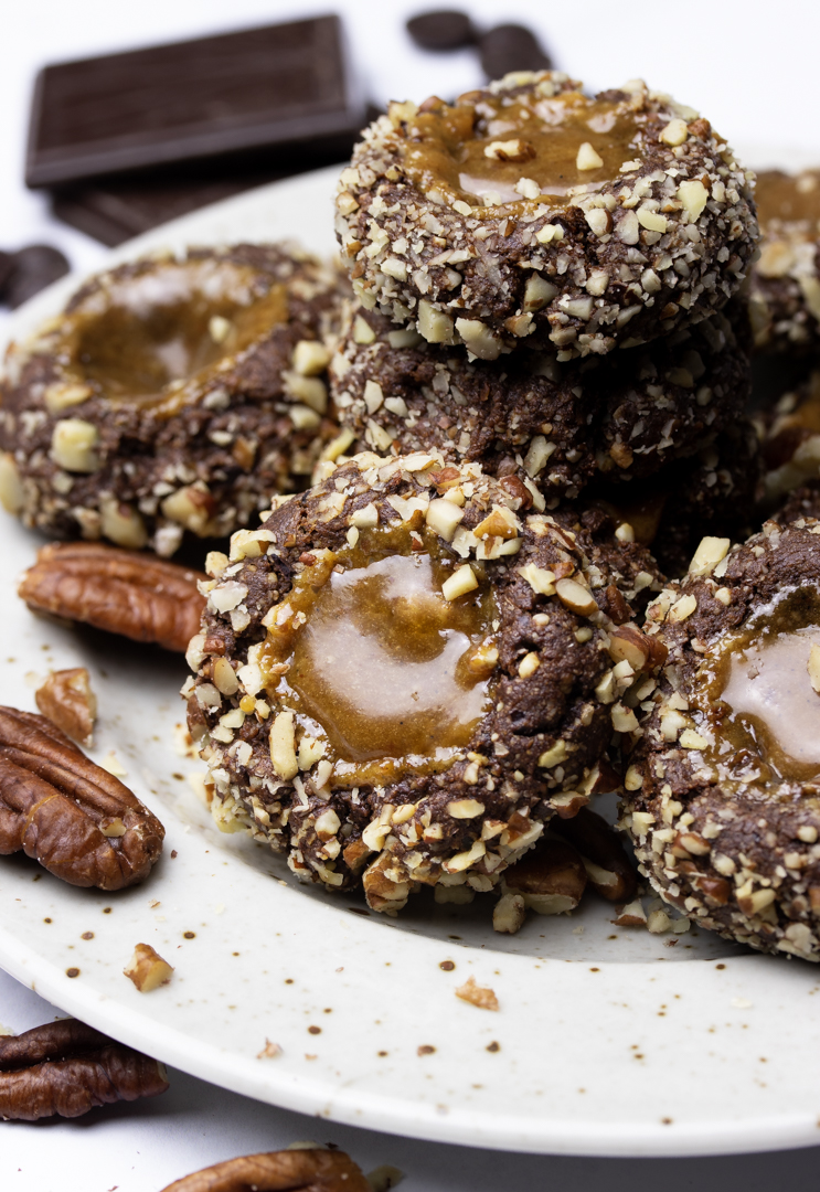 Pecan Covered Salted Caramel Filled Chocolate Turtle Cookies