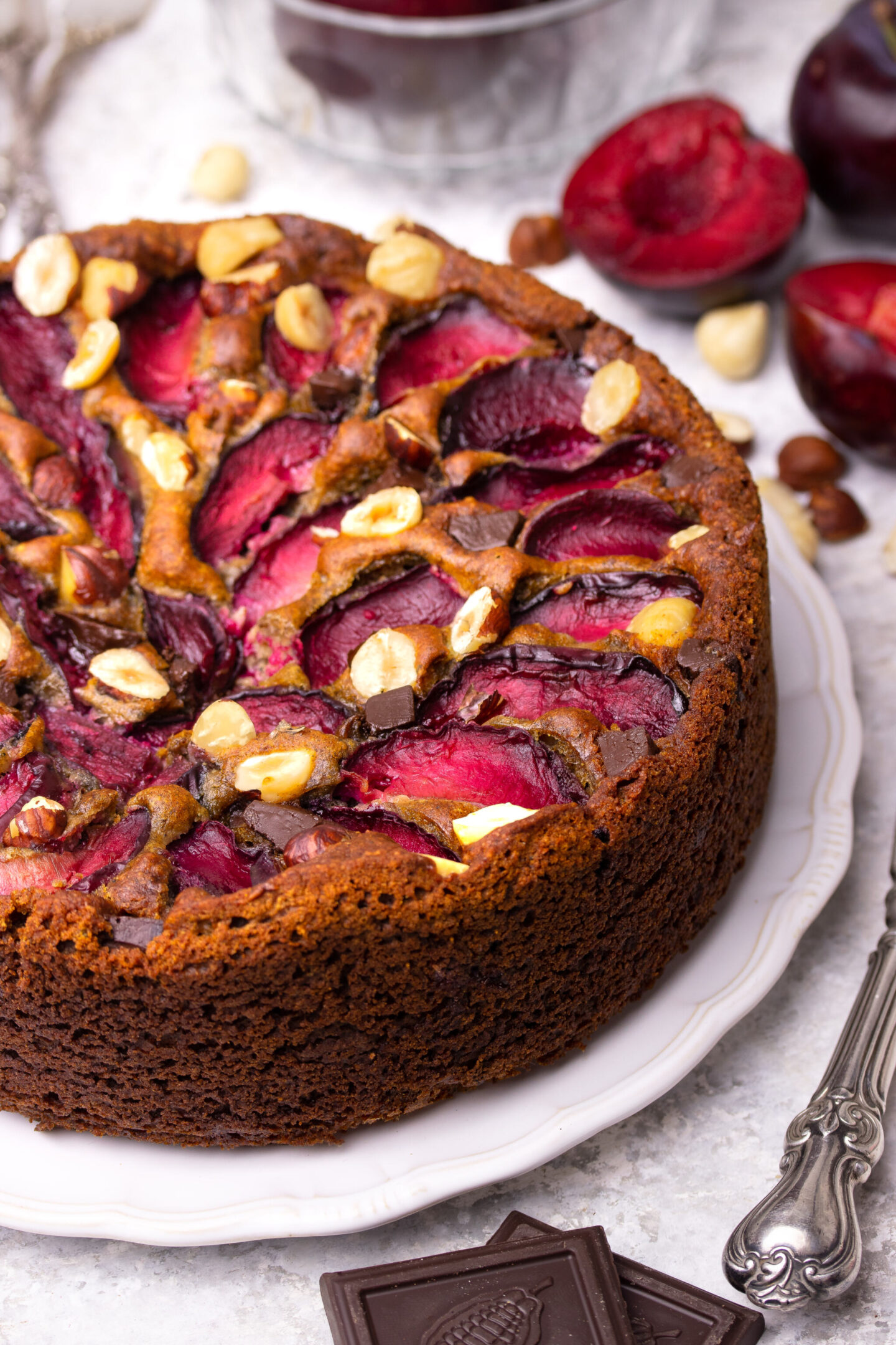 Plum Cake with Dark Chocolate & Hazelnuts