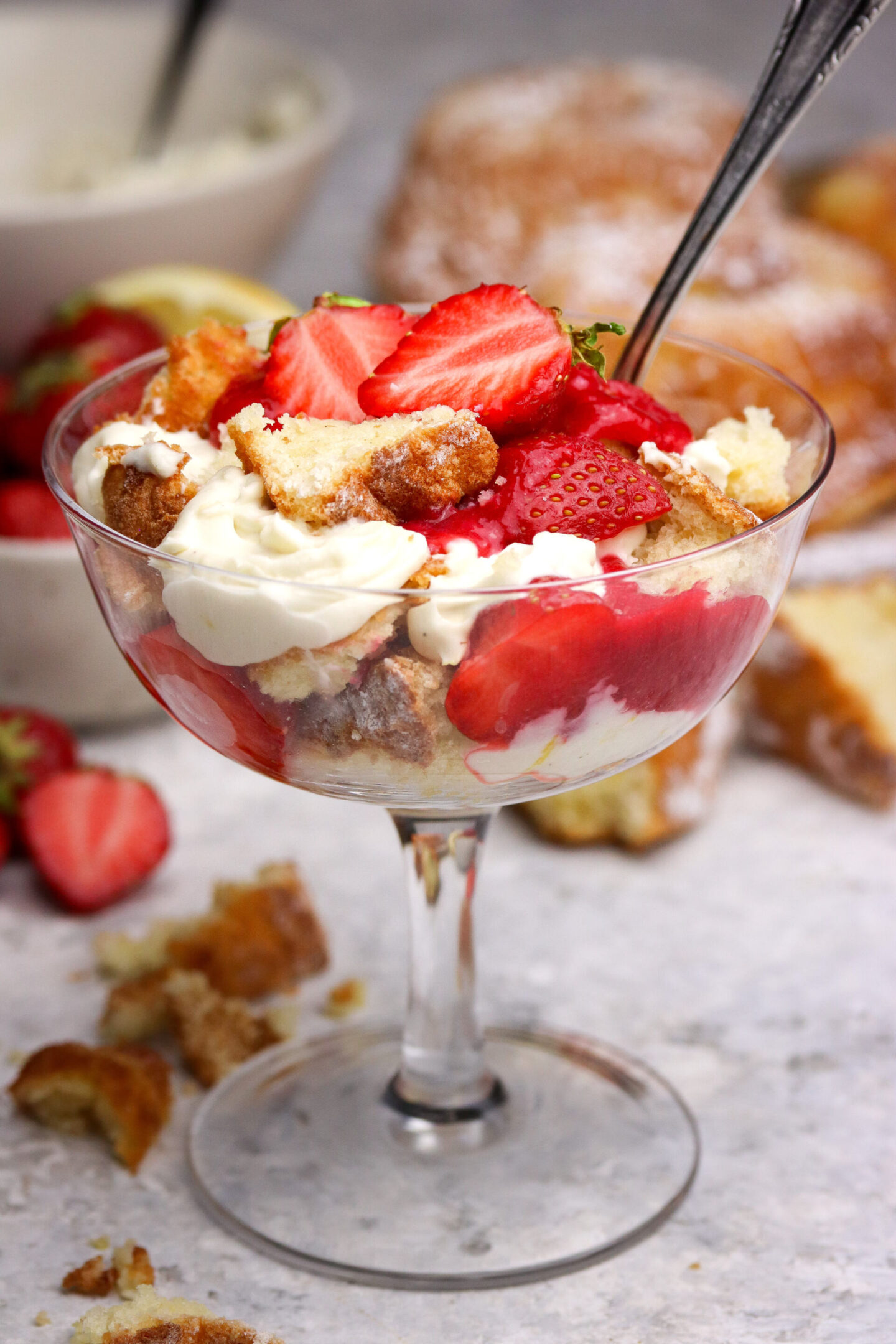 White Chocolate Cheesecake in a Glass with Almond Cake, Strawberries & Rhubarb