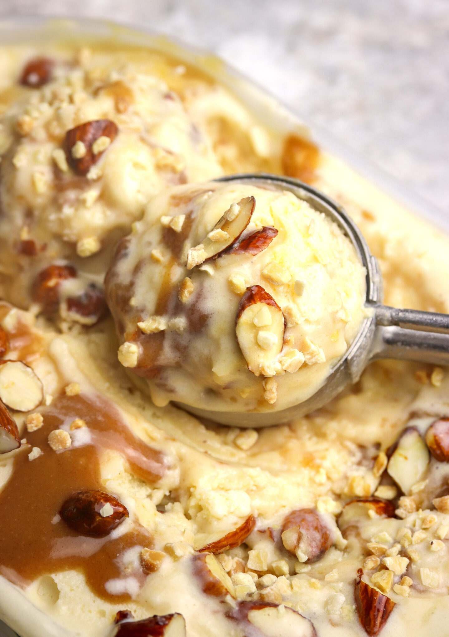 Brown Butter Ice Cream with Salted Caramel & Candied Almonds