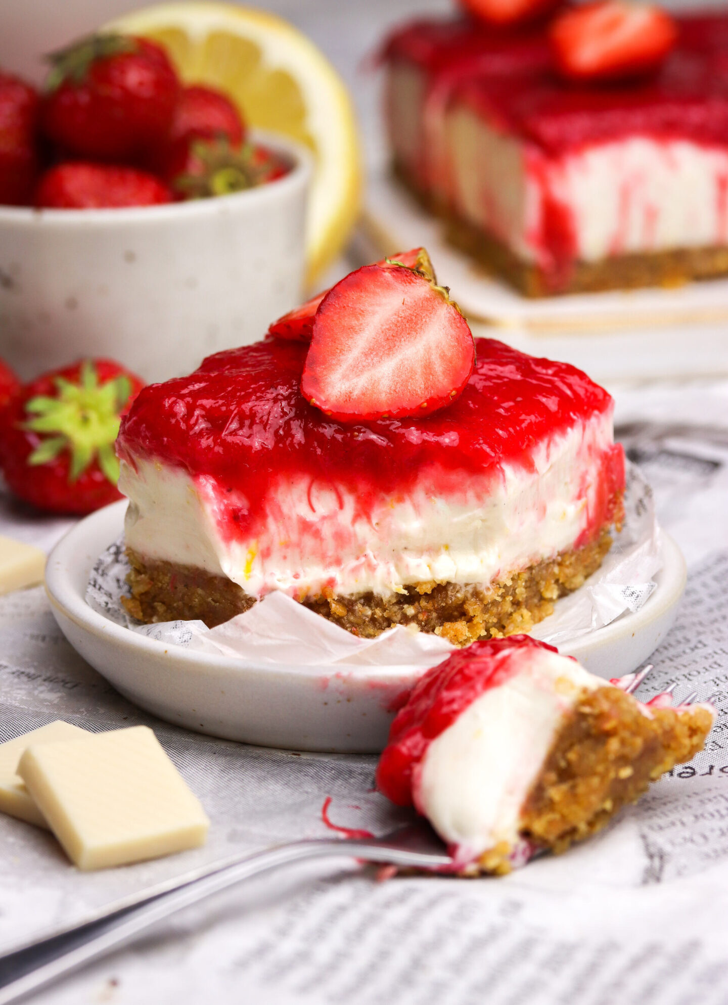 White Chocolate Cheesecake with Rhubarb & Strawberries